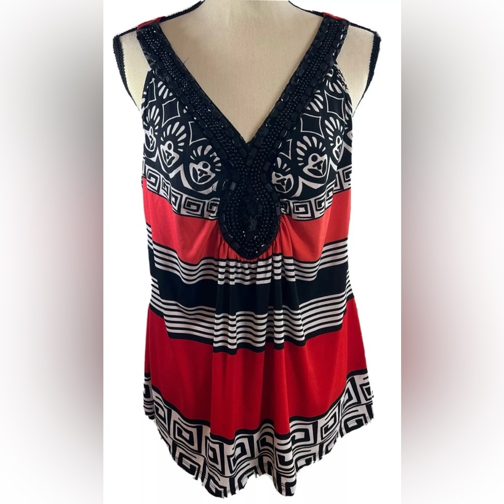 Women’s Cato Dressy Rhinestone XL Red & Black Sleeveless Tunic Shirt Tank Top